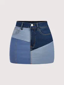 Sweet Cool Girl Colorblock Denim Skirt, High Waist Slimming Bodycon A-Line Skirt, Women's Fashion Casual Wear, Color Blocking, Trendy Flirty Skirt