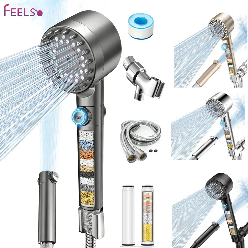 FEELSO Updated Filtered Handheld Shower Head, Faucet-Mounted Flexible Pressurized Showerhead, 4 Spray Nozzles for Hard Water, Chlorine Removal, Dry Skin Reduction, ON/OFF Switch for Pet Bath, Faucet-Mounted Handheld Showers, Flexible Handheld Showers