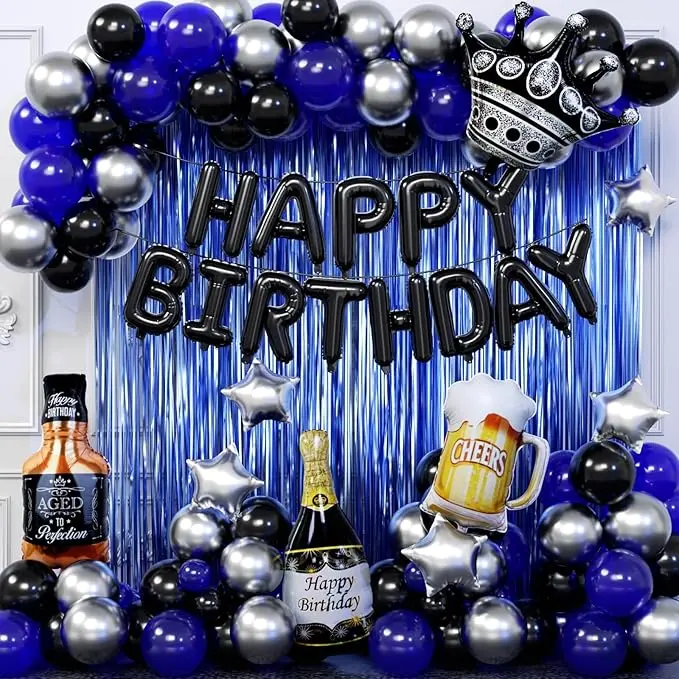 Blue and Black Happy Birthday Decorations for Men with Happy Birthday Banner, Fringe Curtains, Birthday Foil Balloons Kits for 21st,25th 27th 30th 35th 40 50 60th Birthday Party Decorations