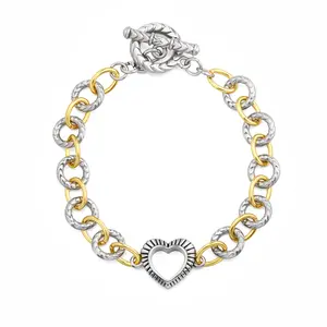 Aprilery Two-Tone Interlocking Link Bracelet – Open Heart Accent Charm with Textured Frame, Toggle Clasp, Bold Minimalist Design, Perfect for Daily Wear/Special Occasions, On-Trend Fashion Accessory