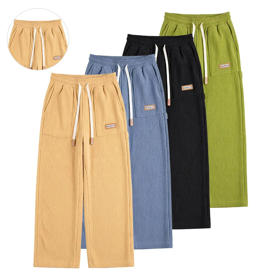 Men’s corduroy wide-leg pants with elastic drawstring waist, loose straight cut, casual streetwear for everyday wear