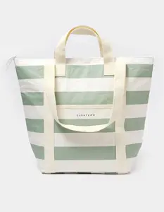 SUNNYLIFE La Palma Sage Stripe Light Cooler Tote, Sage White