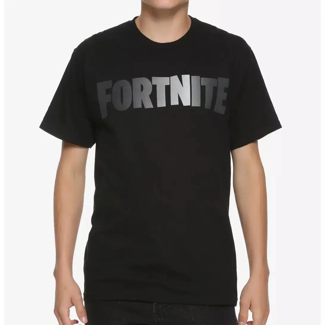 Men's Black Cotton T-Shirt with Fortnite Greyscale Logo, Casual Short Sleeve Round Neck Graphic Print, Shortsleeve, Menswear, Greyscale Print
