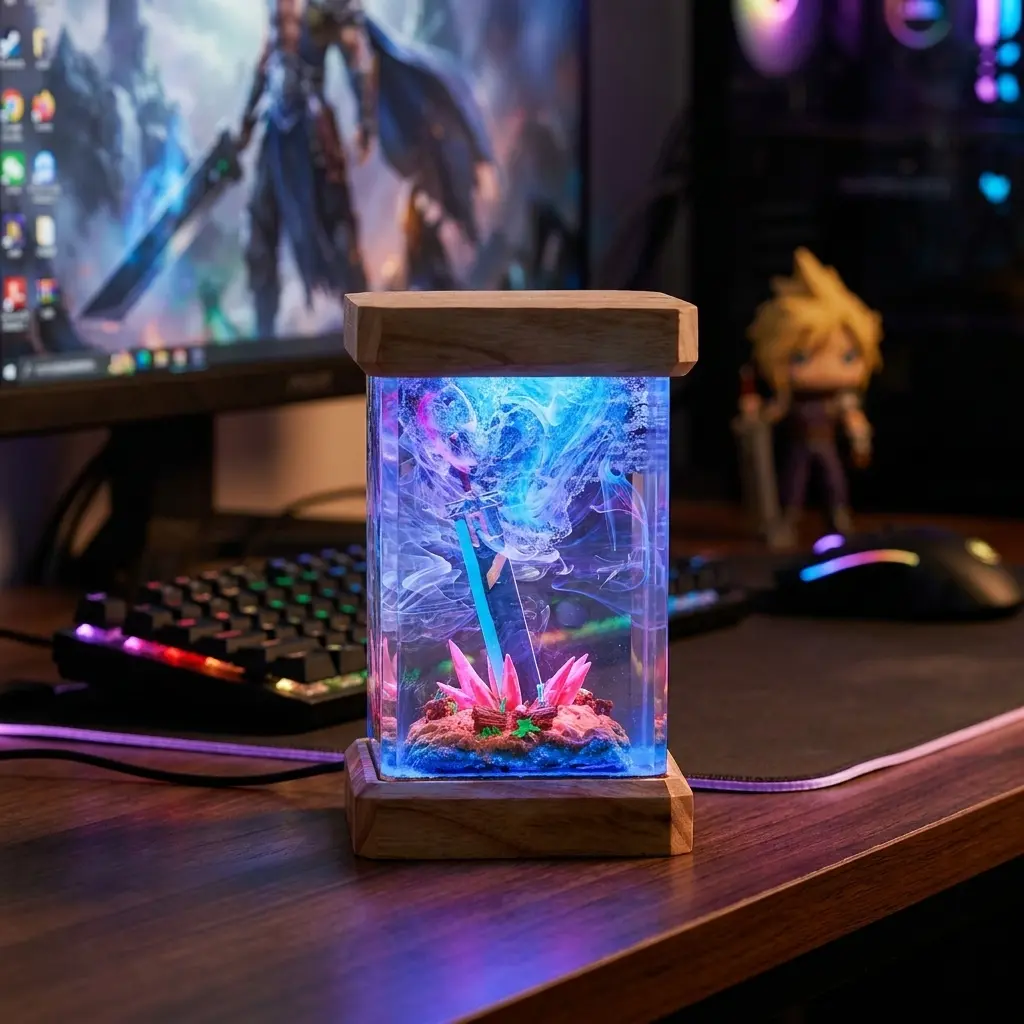Bu.ster Sw.ord Fin.al Fan.tasy Diorama Figurine, Handcrafted Gaming Ornament, Mako Energy Aesthetic Desk Decor Collector Christmas Gift for Him