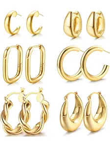6Pairs Gold Chunky Hoop Earrings Set for Women,14K Gold Plated Thick Lightweight Hypoallergenic Hoop Earrings Pack Twisted Huggie Open Hoops Set Jewelry for Ladies Gifts