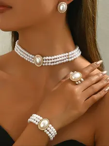 Elegant Women's Jewelry Set, Glamour Set, Necklace Earrings Bracelet, Multi-Layer Pearl Rhinestone Design, Perfect Gift for Parties & Daily Wear