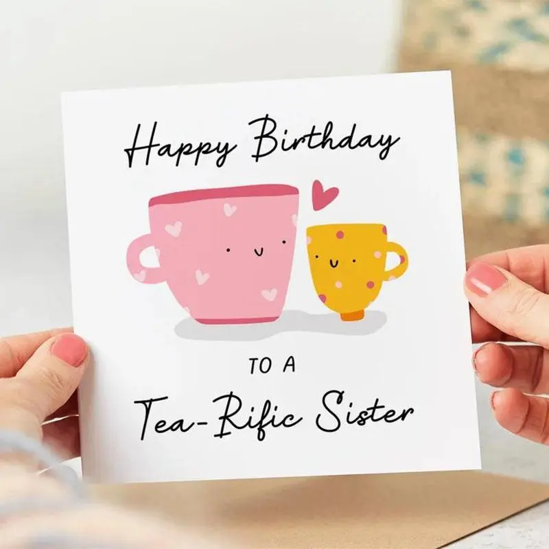 Tea Cup Pattern Birthday Card with Envelope, Cute Cartoon Birthday Card for Sister, Funny Birthday Gift for Sister, Birthday Gift Ideas