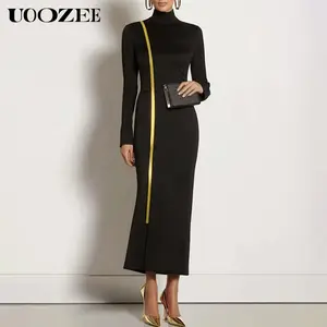 UOOZEE Women's New Autumn Gold Webbing High Neck Bodycon Black Dress Long Sleeves Slim Fit Elegant Evening Maxi Dresses(Sizing Runs Small - Check Size Guide or Order Larger)