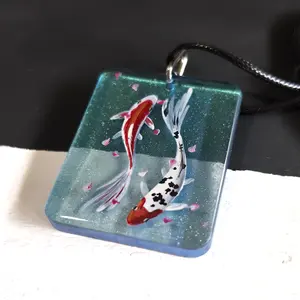 Pendant Resin Hand Painted Koi Fish Large Blue Glitter One-of-a-Kind Jewelry