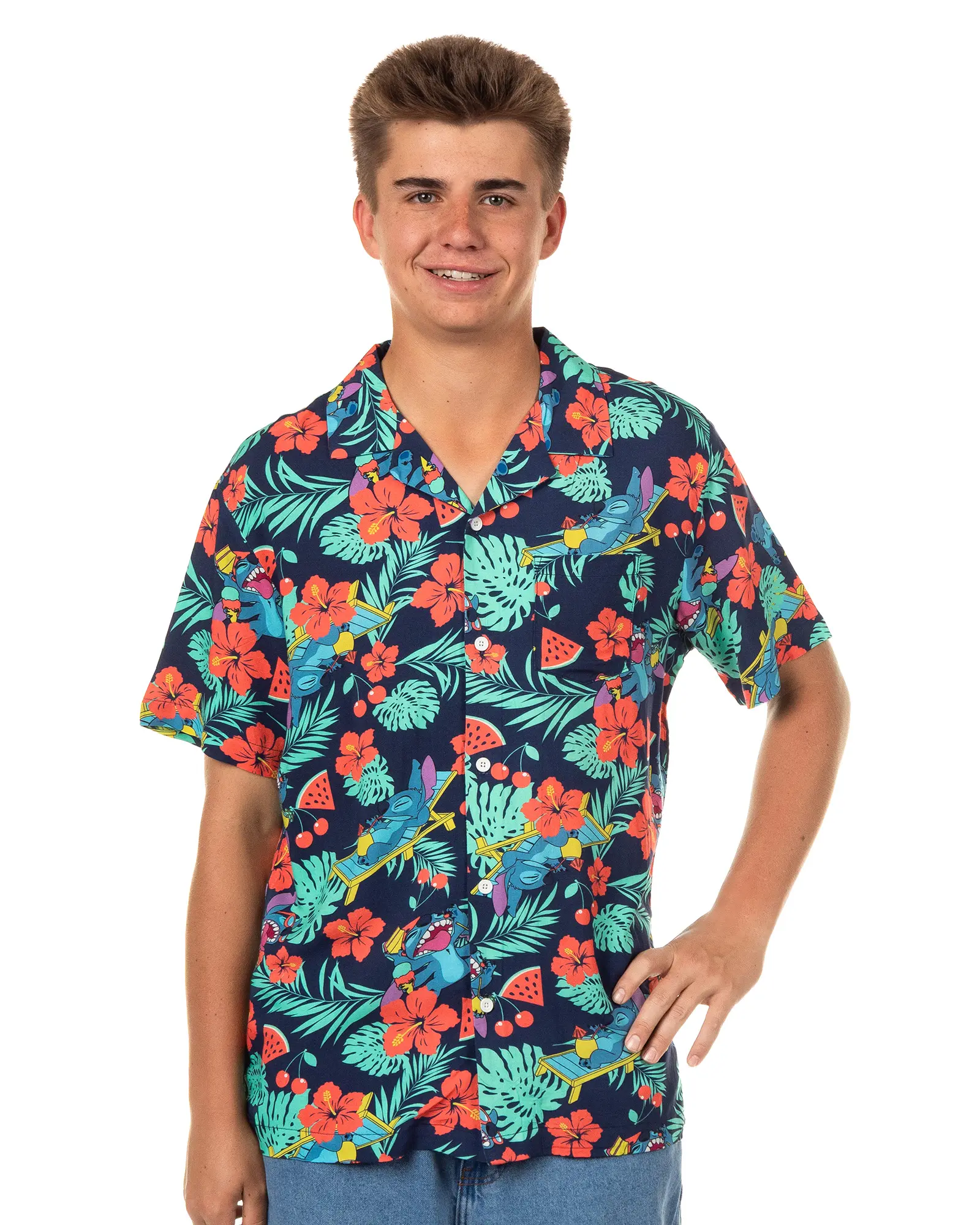 Disney Lilo and Stitch Men's Hawaiian Shirt Tropical Party Button Up Woven Top