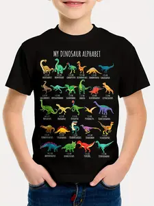 Boys' Colorful Dinosaur Alphabet Print T-Shirt - Casual Crew Neck Short Sleeve Tee for Spring/Summer Outdoor Fun, Black with Vibrant Dinosaur Illustrations, Cotton Blend, Machine Washable, Dinosaur Toys