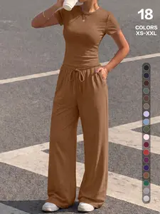 Women's 2-Piece/6-Piece Set Round Neck Short Sleeve Top and Wide Leg Pants, Casual Yoga, Wearable at Home；Pleated slim-fit top with drawstring wide-leg pants casual set Womenswear