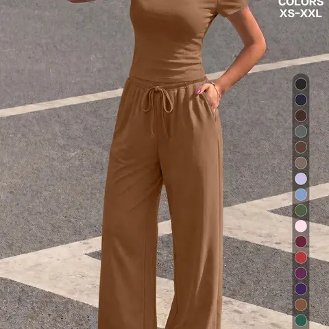 Women's 2-Piece/6-Piece Set Round Neck Short Sleeve Top and Wide Leg Pants, Casual Yoga, Wearable at Home；Pleated slim-fit top with drawstring wide-leg pants casual set clothes