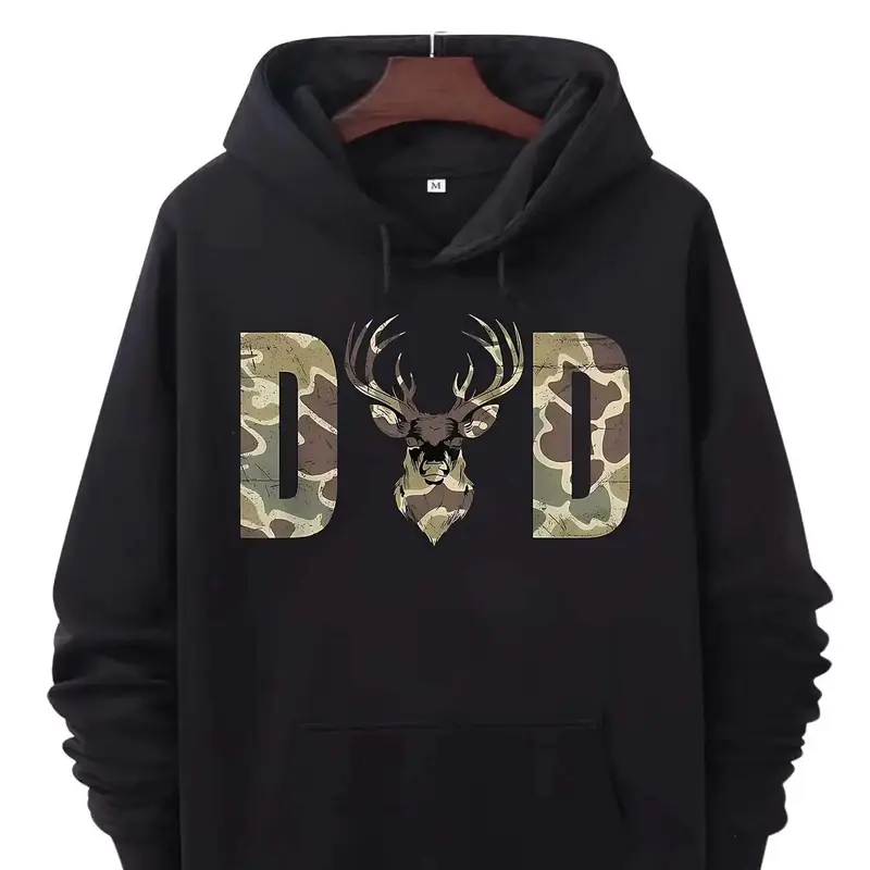 unisex Men's Camo Dad Hunting Hooded Sweatshirt Soft Cotton Pullover with Deer & DAD Graphic Machine Washable Regular Fit with Pockets for Men & Women Ideal Father's Day Gift for Hunting & Casual Attire - Menswear