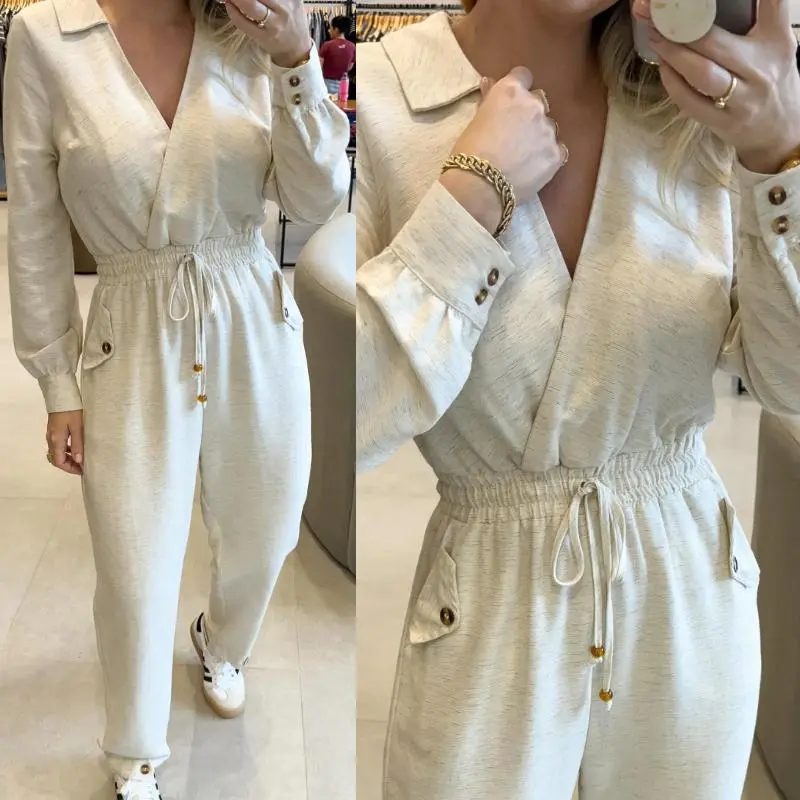 CHICME Women's Soft Cotton Blend Jumpsuit, Casual Chic Daywear with a Lapel V-Neck and Adjustable Shirred Drawstring Waist, Comfortable