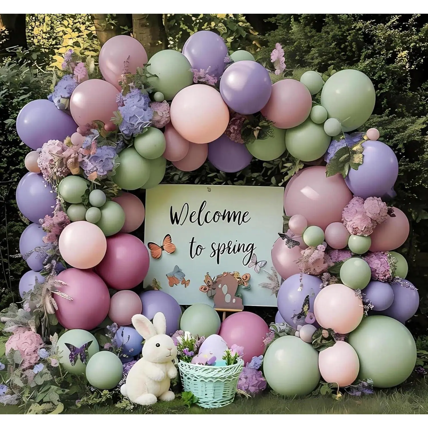 Dusty Green Stuffed Garland Arch Kit with Pastel Colorful Lavender Lilac, Mauve Blush Rubber Balloons & Pump - Retro Modern Spring Easter Balloon Decor for Wedding, Birthday Parties
