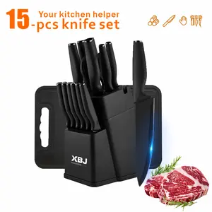 【Best Mother's Day Gifts】 XBJ 15-Piece Home Kitchen Cutlery Set, Stainless Steel with Anti-Rust Coating, Built-in Sharpener, Stylish Pink Kitchenware with Wooden Block & Cutting Board, Dishwasher Safe for Food Prep