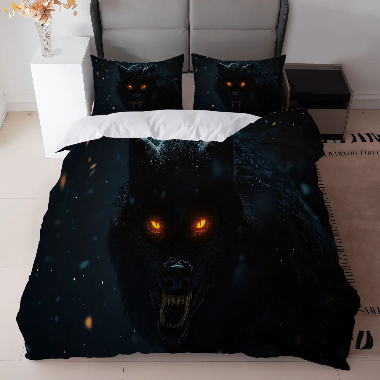 Animals Themed 3-Piece Synthetic Bedding Set - Black Wolf Motif, Dark Fantasy Patterns, 1 Fitted Sheet, 2 Pillowcases (No Core), Zipper Closure, 90G Polyester Fiber, All-Season Comfort, Machine Washable for Bedroom, Guest Room