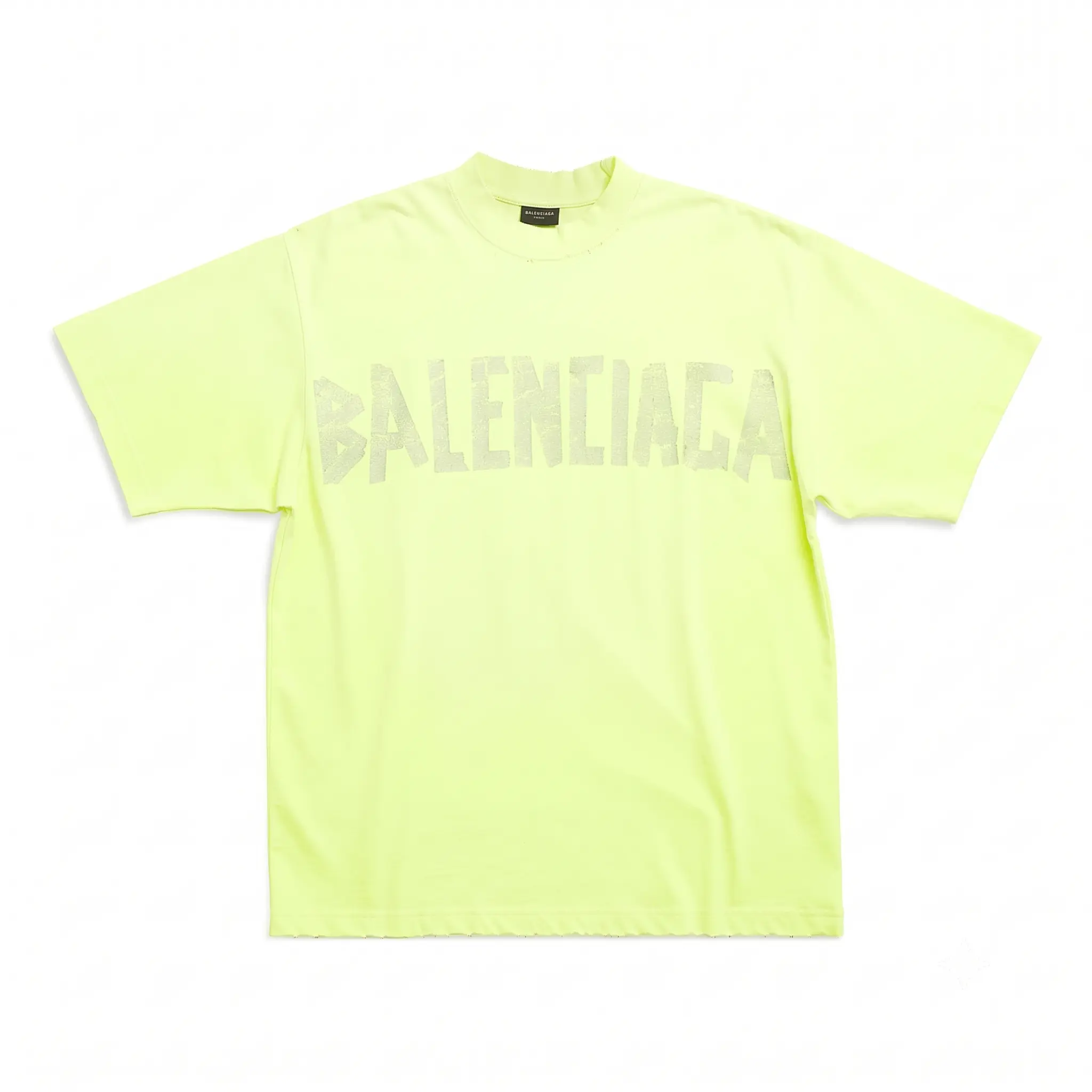 Balenciaga Men's Green Casual T-Shirt, Short Sleeve Tops with Fluo Yellow Tape Logo, Brand New Condition, Menswear, Luxury Craftsmanship, Crew Neck, Graphic, Shortsleeve, Round Neck, Tee, Bold Colors, Logo Print, Xs-Xxl Fit, Xs Through Xxl