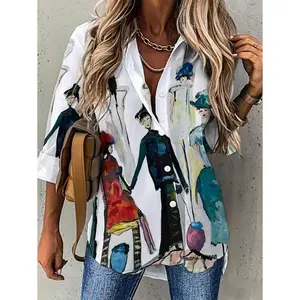 Casual long sleeve shirt for spring & Fall, figure print single button lapel collar shirt, women's clothing, long sleeve tops