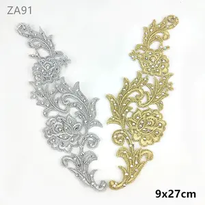 27X9CM gold silver rhinestonelace fabric Dance costumes headdress flower applique mirro patch embroidered diy accessories ZA91