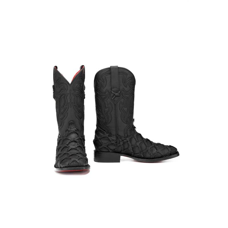 Bruce Shelby Pirarucu Red Bottom Square Toe Cowboy Boot - Matte Black