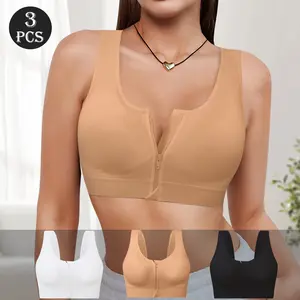 QUASTI 3 PCS Women's Front Zipper Wireless Sexy Bra, Full Coverage Push Up Bra, No Underwire Tshirt Lightweight Lingerie Comfortable Everyday Skin Friendly, Basic Fit Mix Colors Soft Casual Womenswear, M-XXL