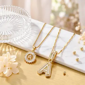 Fasjewly 14K Gold Plated Copper Base AAA+ Cubic Zirconia Letter Charm Gold Jewelry，2-Piece Initials Necklace Set, , Fashion Accessory for Parties, Valentine’s Gifts for Women