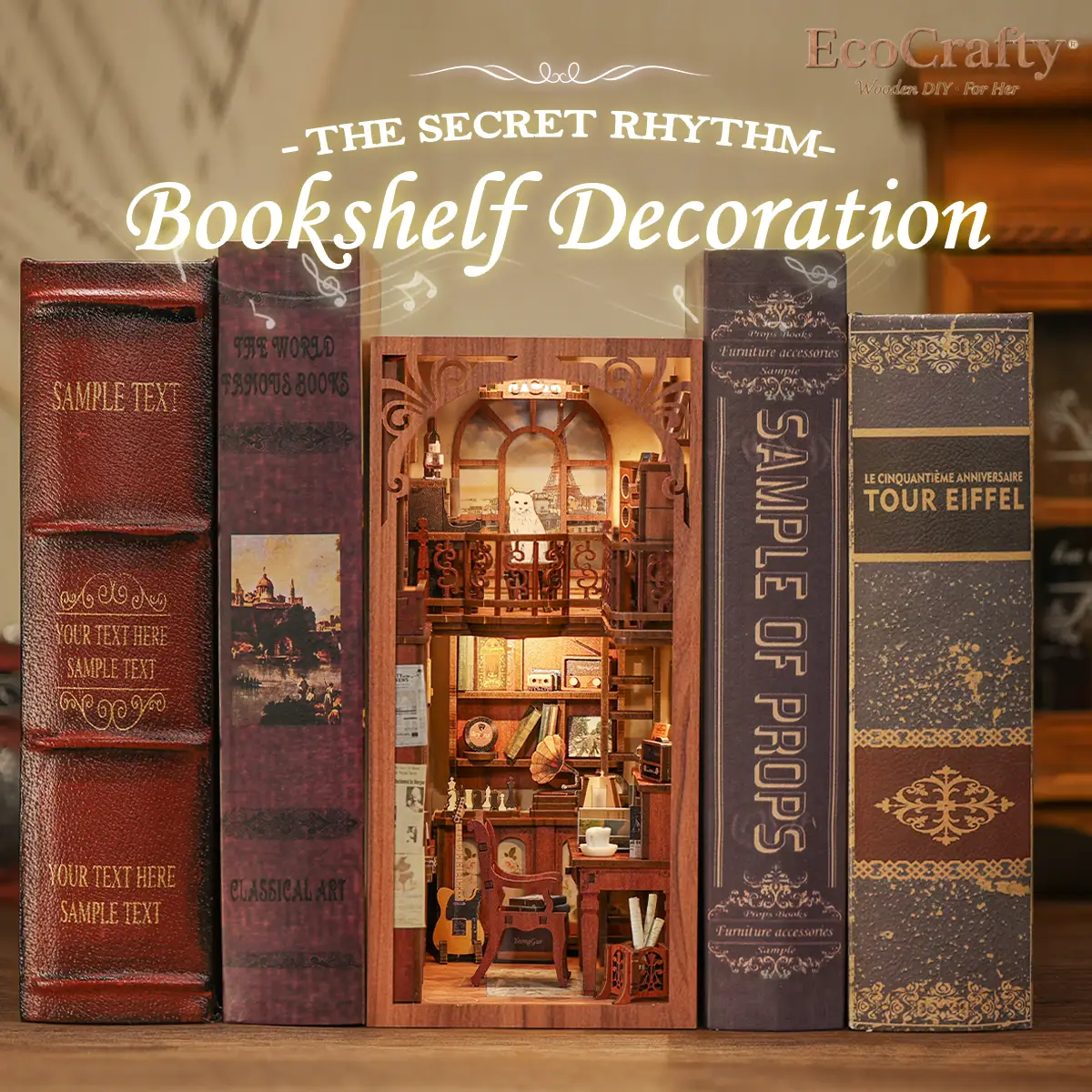 EcoCrafty The Secret Rhythm DIY Dollhouse Booknook Bookshelf Insert Decor Alley Unfinished Wood Build Creativity Kit with LED Light & Bookends