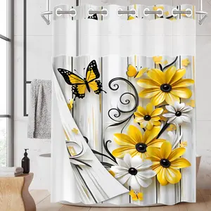 1PC 2D Flat Fresh Sunny Daisy Shower Curtain, 3D Butterfly Design, Waterproof & Detachable Liner, Bathroom Curtain (No Hooks)