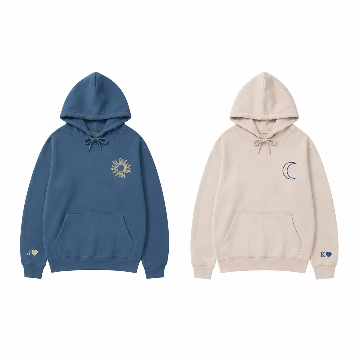 Custom Embroidered Sun and Moon Matching Hoodies for Couples – His and Hers Gifts for Anniversary Valentine Birthday