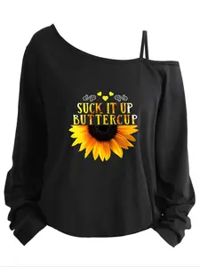 Plus Size Women's Loose-Fit Long Sleeve Cami Top, Asymmetrical Neckline, Letter Print, All Seasons, Sizes 1-8xl