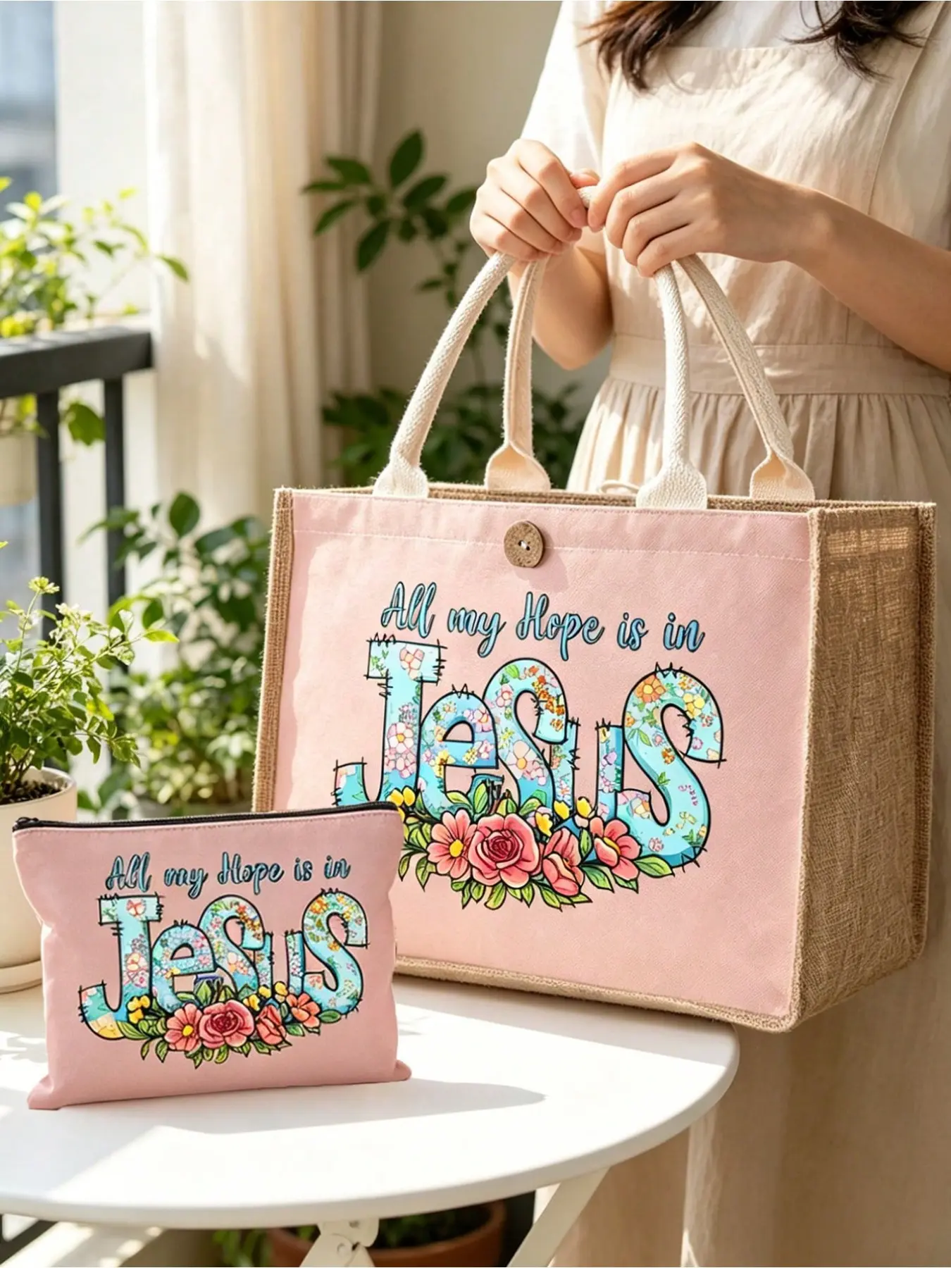 Color block spliced linen tote bag set, printed with the words "All my hope is in Jesus", featuring fresh floral letter patterns, large-capacity tote bag and zippered cosmetic bag, multi-functional summer beach bag, casual travel and vacation bag
