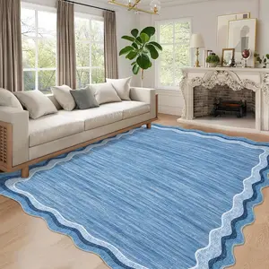Garvee Scalloped 5x7 Washable Area Rug with Non-Slip Backing, Modern Solid Color Low Pile Bordered Floor Cover for Bedroom, Living Room, and More, Blue