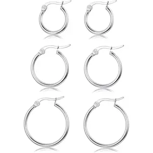 FUNRUN 3 Pairs Silver Round Hoopearings for Women Lightweight Click-Top Hoop Earring Hypoallergenic 10-20MM