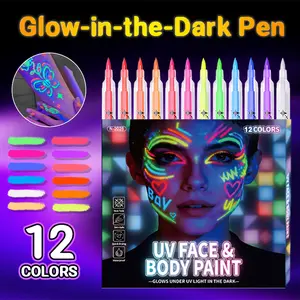 12 PCS Glow Face Body Paint, Glow In The Dark Under UV Black Light pens Makeup Neon Face Painting Kits for Glow Party Favors Easter Basket Stuffers, Washable Temporary Tattoo Markers