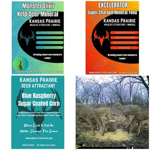 Deer mineral 3 pack to get a new site started. Kelp based Monster Elixir 5lb bag. Excelerator deer feed and mineral mix and a bag of blue raspberry sugar coated corn to dump on top to draw them in