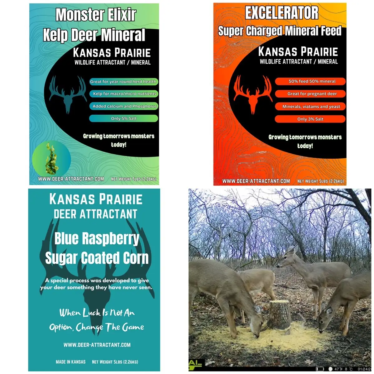 Deer mineral 3 pack to get a new site started. Kelp based Monster Elixir 5lb bag. Excelerator deer feed and mineral mix and a bag of blue raspberry su