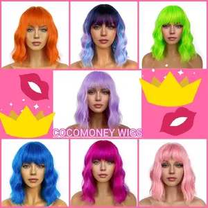 Wigs with Bangs for Women Loose Wavy Wig Pastel Wavy Shoulder Length Bob Synthetic Cosplay Wig for Girl Colorful Costume Wigs with gree gifts