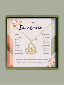 Hollow Out Heart & Baby Foot Design Pendant Necklace with Box, Rhinestone Decor Necklace for Women, Elegant Jewelry for Daily Commuting and Party Wear, Love Heart Necklace