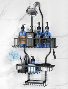 Shower Caddy Never Rusts on Shower Head Aluminum Large Hanging Shower Caddy with 10 Razor/Sponge Hooks-on Shower Head with Soap Basket-Hanging Shower Black