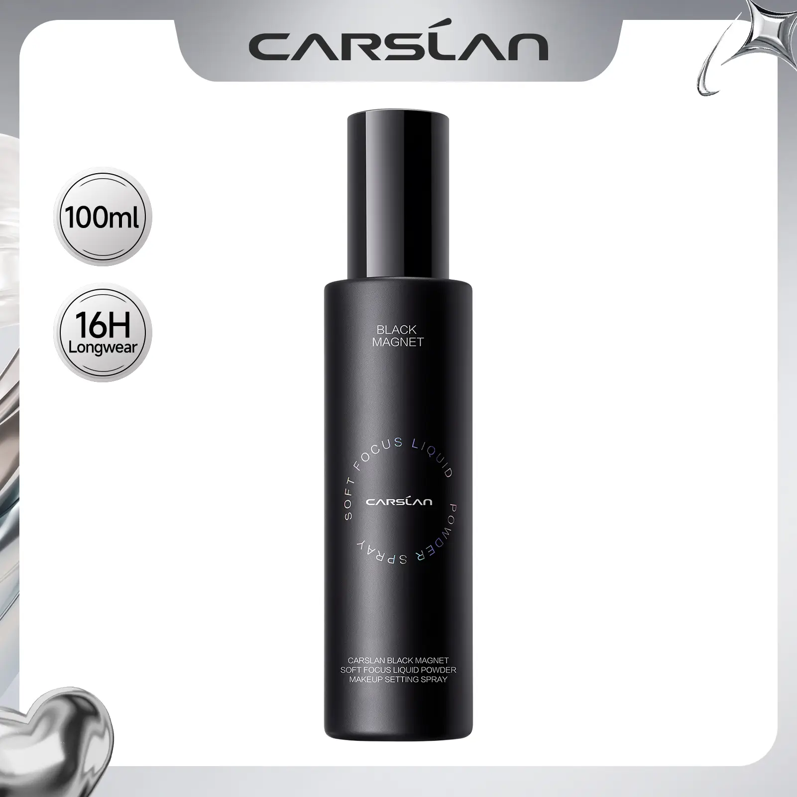 CARSLAN Black Magnet Liquid Powder Makeup Setting Spray, 16H Longlasting Oil Control Lock Face Makeup, Smudgeproof, Waterproof Finishing Spray, 100ml