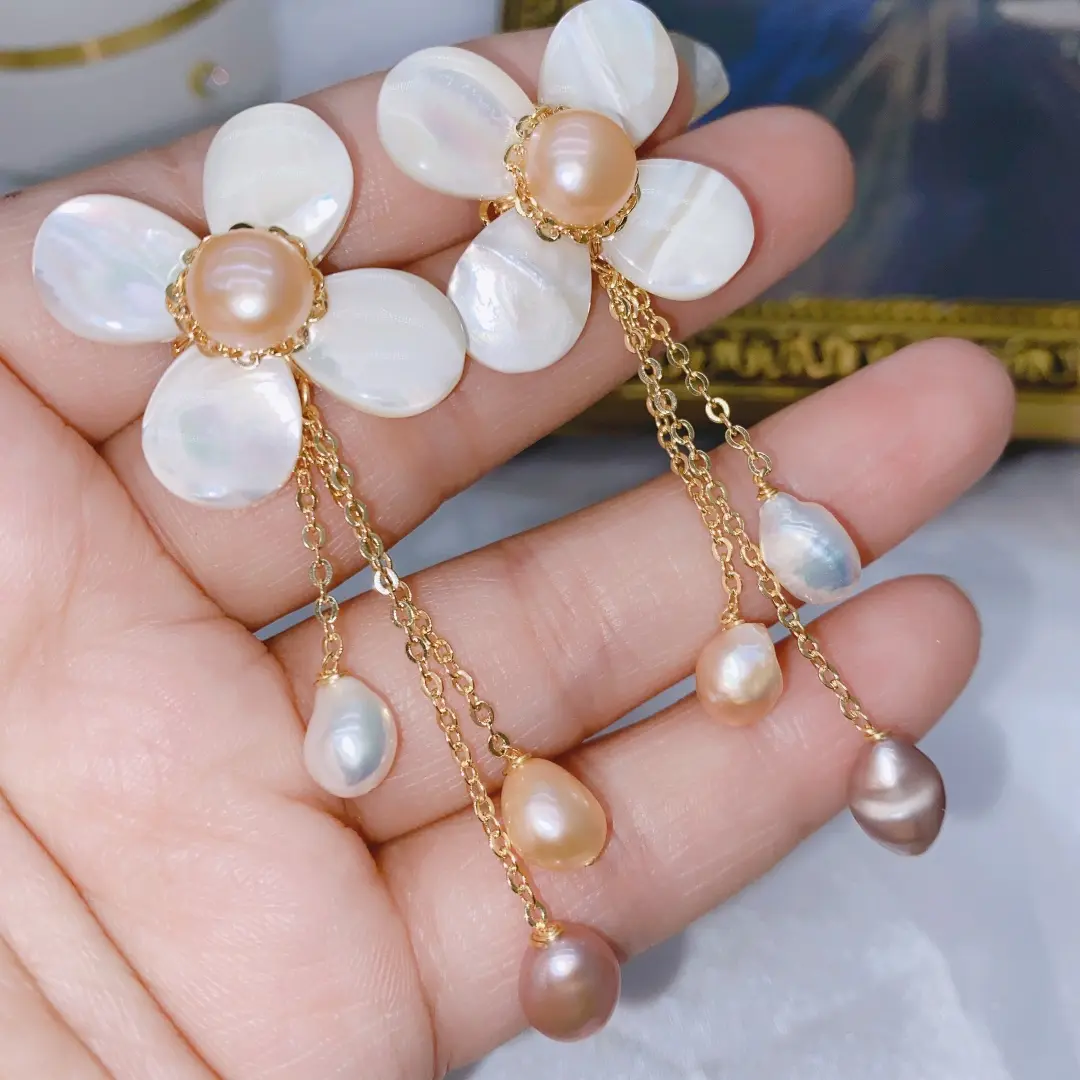 Original Design Handmade Personalized Temperament Natural Shell Freshwater Pearl Long Tassel Earrings For Women