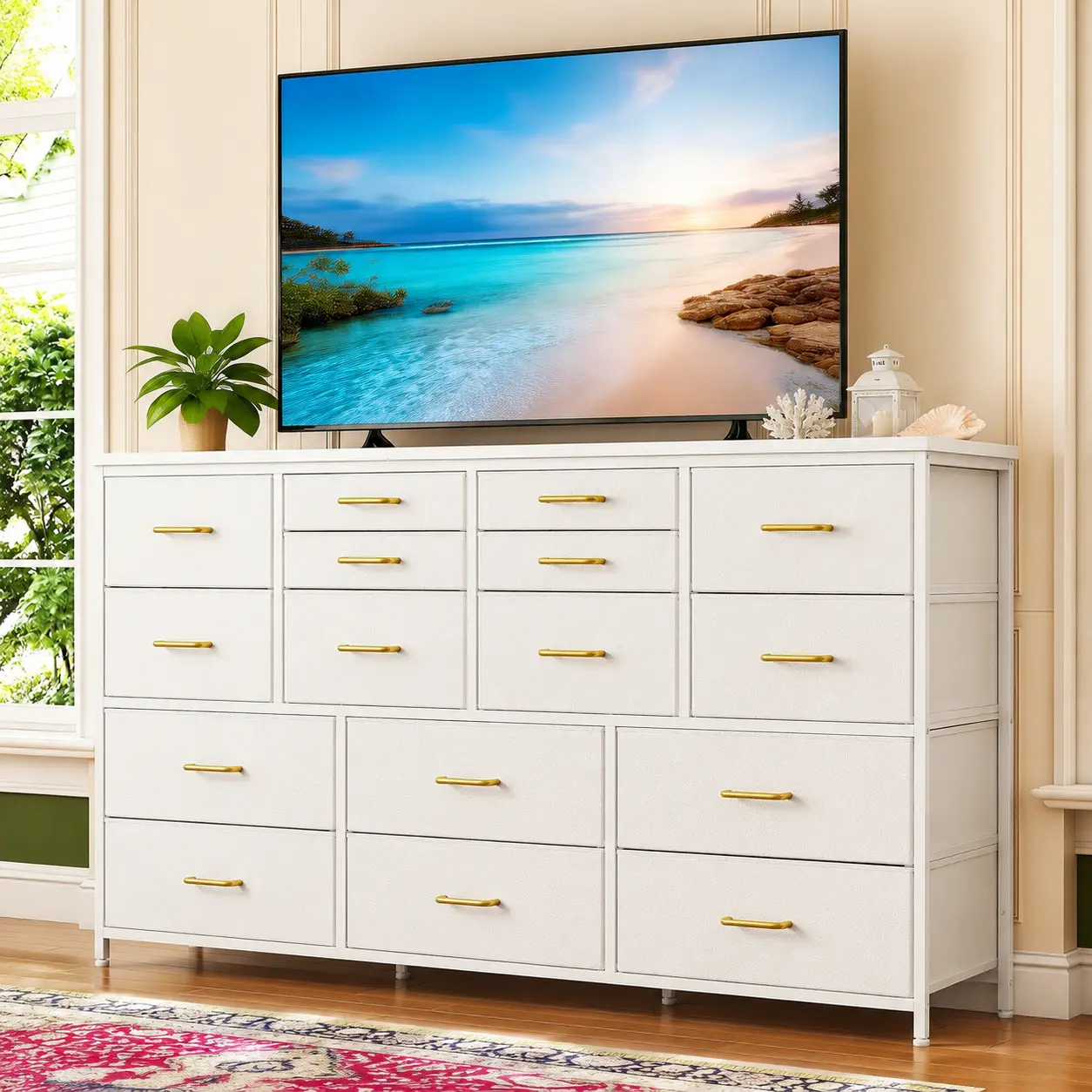 [24H-Support]Raybee Long Dresser with 16 Fabric Drawers for Bedroom, 55" Wide TV Stand with Charging Station, Large Storage Tower Console for Entryway Closet, Sturdy Wood Top Organizer for Apartment, Aesthetic Modern Furniture Christmas Gift #StorageHacks