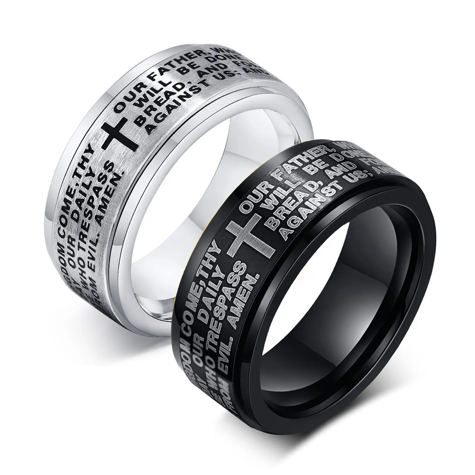 OIDEA Men's Christian Cross Spinner Double Layered Ring 2-Pack - Stainless Steel Jewelry, Anxiety Fidget Rotating, Black Silver, Bible Faith Statement, Bible Study, Prayer, Sunday Service, Birthday Gift, Fashion Accessory