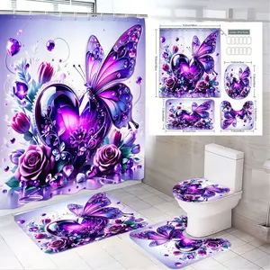 1/4pcs Easter Purple Bathroom Set, 3D Heart Butterfly Rose Jewel Shower Curtain with Coordinating Bath Mats Toilet Lid Cover - Luxurious Valentine'S Day Mother'S Day Home Decor for Bedroom Living Room, White Tiles Bathroom Matching, Includes Hooks