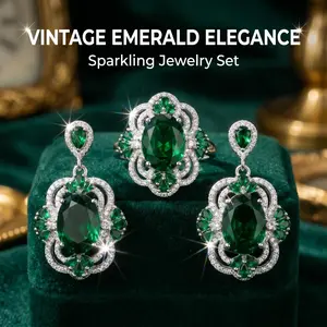 Oval Emerald   Accent Jewelry Set Vintage Style Ring  Drop Earrings With Round  Halo In Silver Tone and diamond