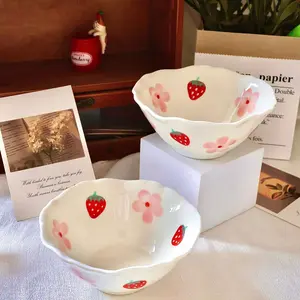 Strawberry Pattern Ceramic Bowl, 2 Counts Cute Flower Pattern Bowl, Salad Bowl, Breakfast Bowl, Serving Bowls, Kitchenware for Home Use