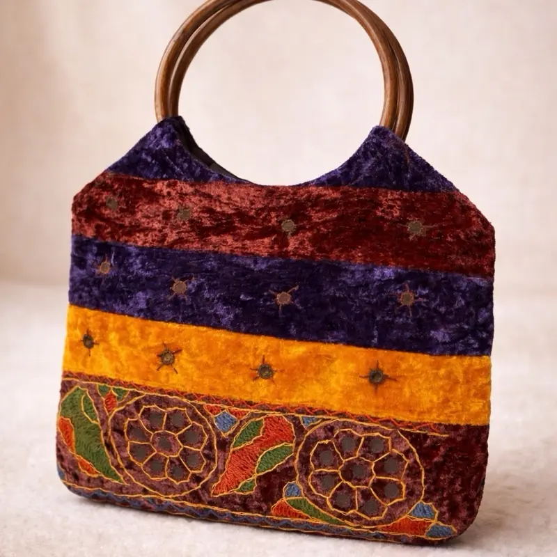 Rainbow Velvet Handbag (B) - Colorful Velvet Material with Unique Design and Round Handle