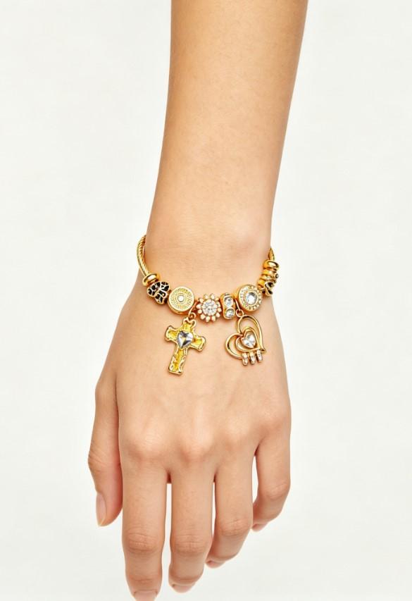 Gold Cross Heart Charm Bangle for Women, Adjustable Wire Cable Cuff Bracelet with Crystal Rhinestone Beads, Inner Diameter 2.28 Inches Dainty Religious Faith Jewelry Gift Gold Cross Heart Charm Bangle for Women, Adjustable Wire Cable Cuff Bracelet with Crystal Rhinestone Beads, Inner Diameter 2.28 Inches Dainty Religious Faith Jewelry Gift